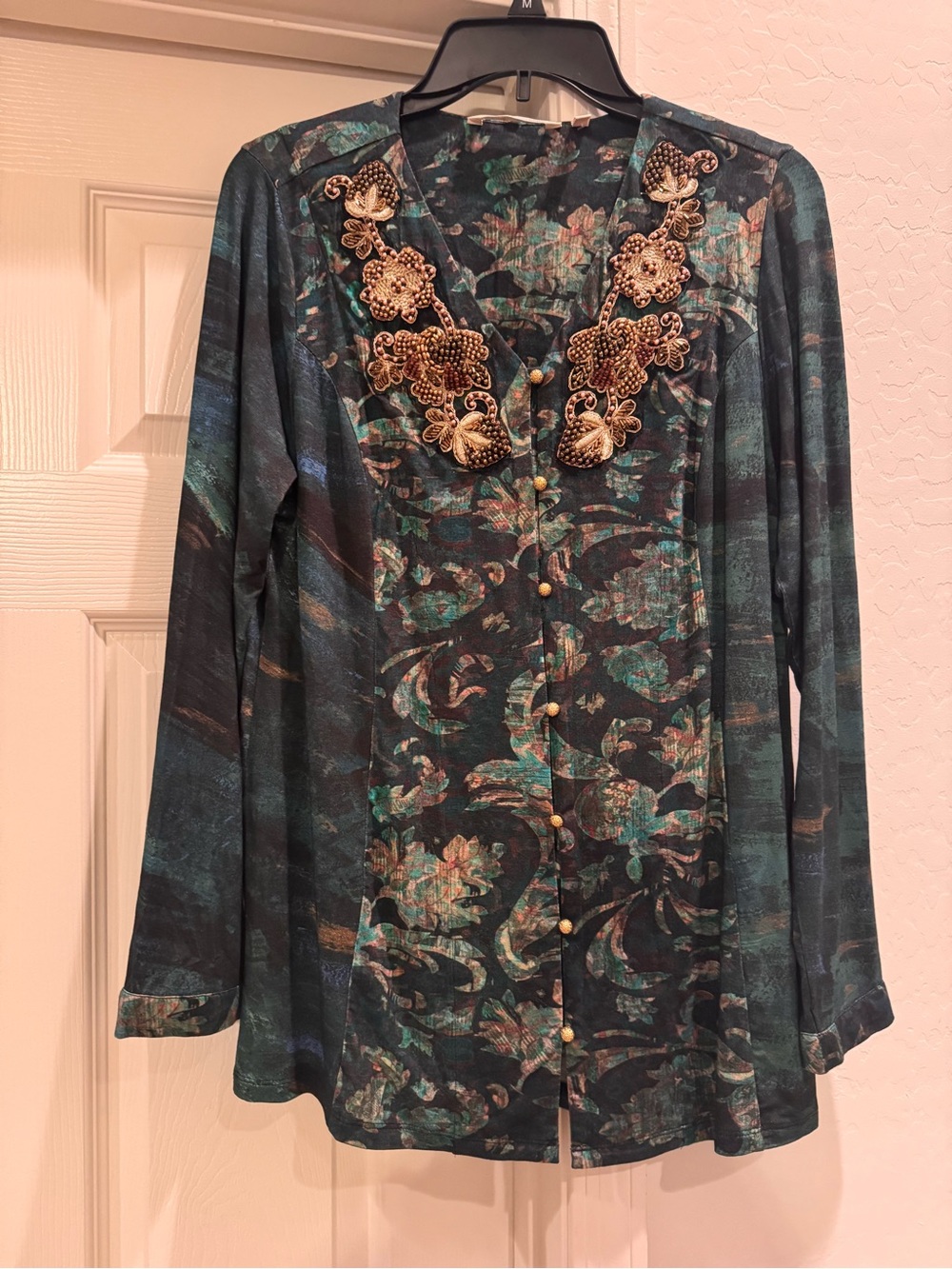Soft Surroundings Del Bosque Tunic Top Starry Night Flora Gold Beaded MEDIUM